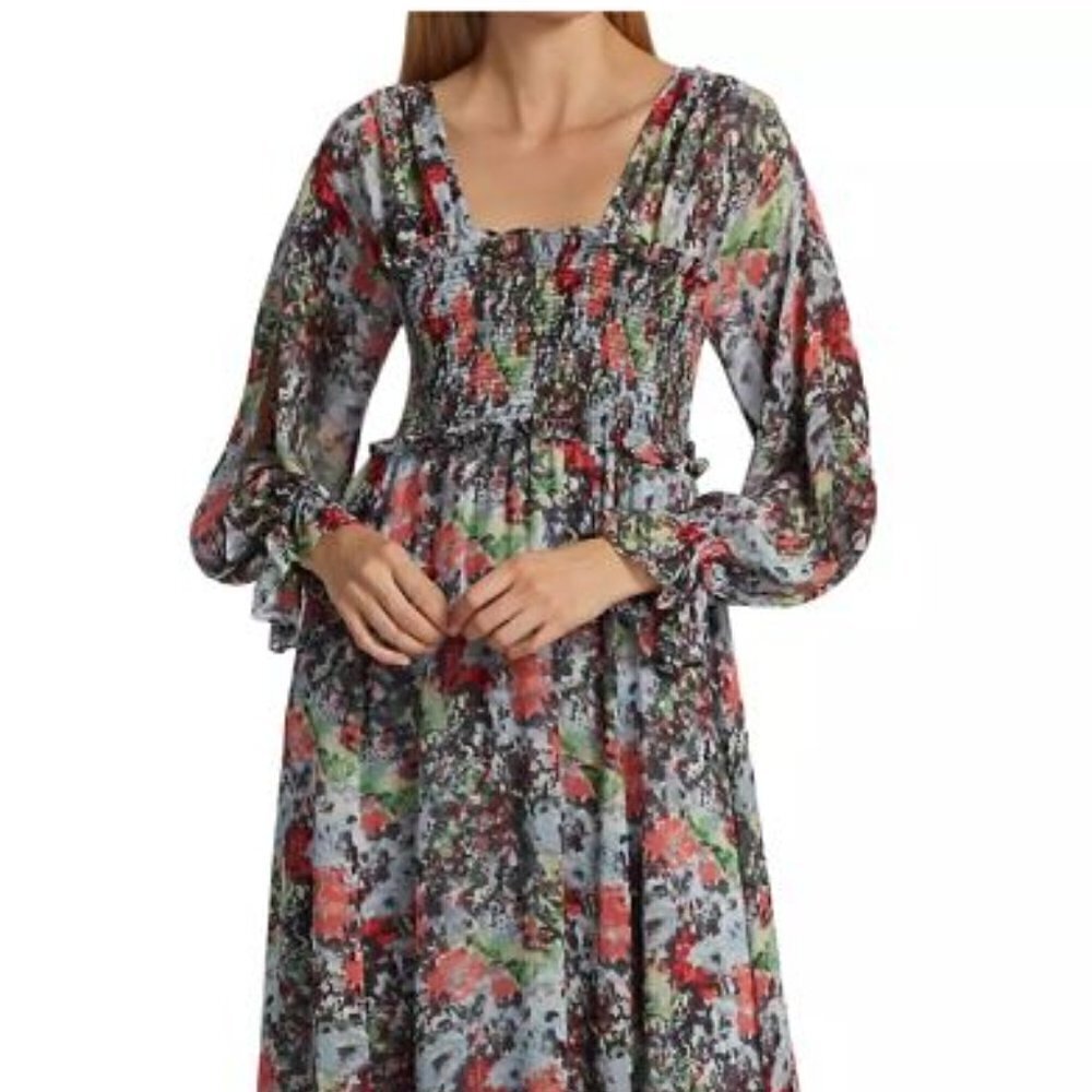 Cinq à Sept NWT Leigh Floral Print Ruffle Maxi Dress Size 4 Smocked Slit Sleeve